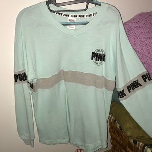 Ocean blue,gray, and black long sleeve pink shirt